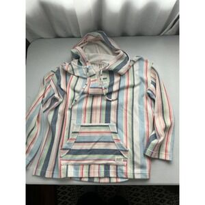 Roxy Striped Terry Cloth Pullover Hoodie Drawstring Pocket Multicolor Medium